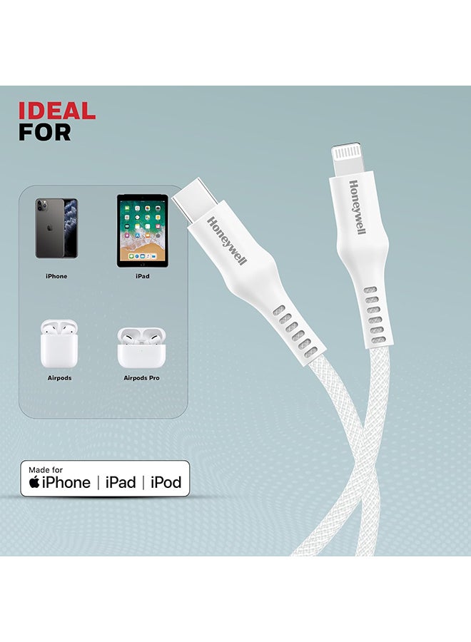 Honeywell Type C to Lightning, 4 Feet (1.2M), Nylon Braided Cable, MFI-certified, QC3.0, PD 87W Support with Max Output 3A, Fast Charge And Sync Cable for iPhone, iPad, AirPods - White - Image 4