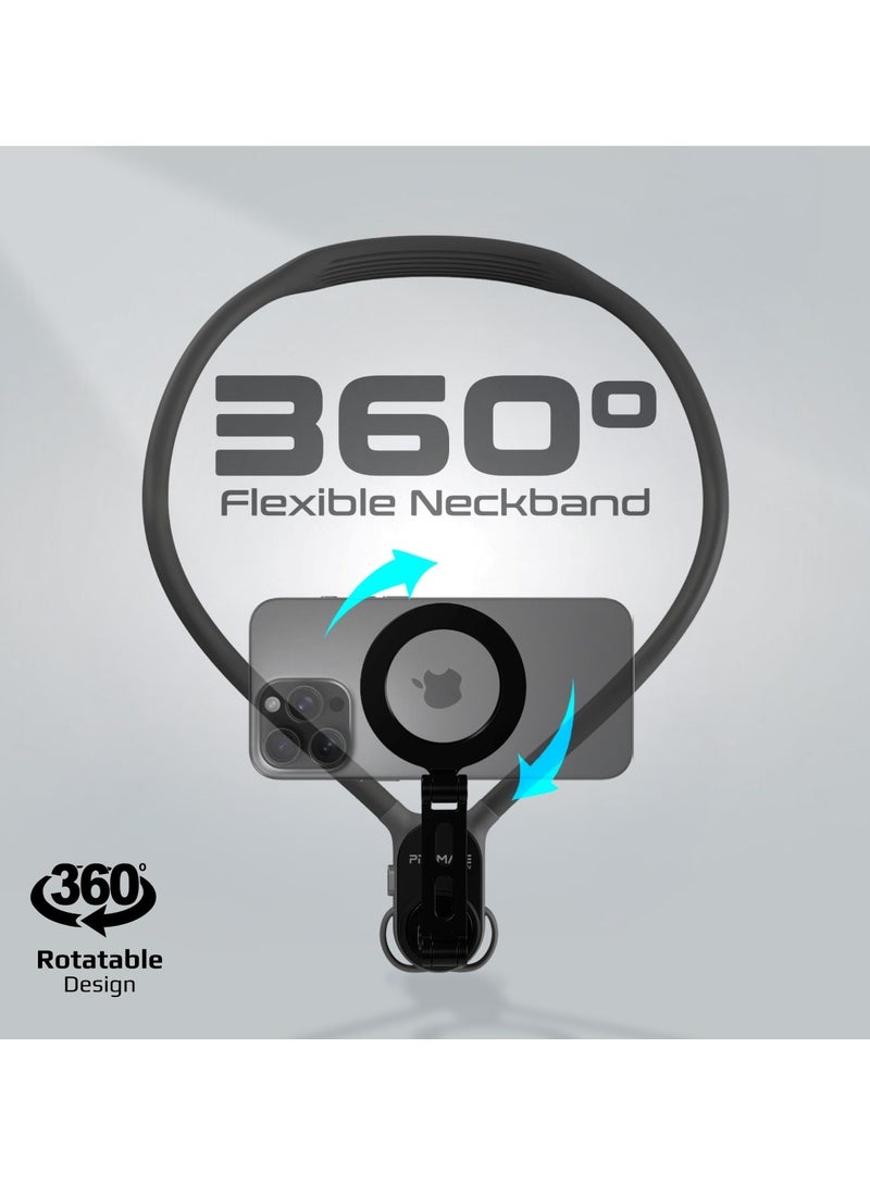 بروميت Promate Neck Phone Holder, 360° Flexible Neckband Phone Mount With Hands-Free Pov/Vlog & Selfies, Magsafe-Compatibility, Enhanced Stability, Extra Belt &Lanyard, Ergonomic Design, N52 Magnets, Magview Black - Image 2