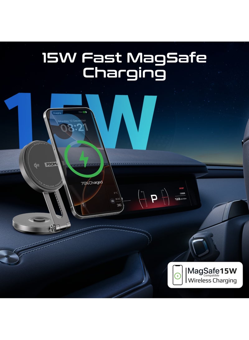 بروميت Qi2 Certified Magnetic Wireless Car Charger Mount with 15W MagSafe Compatible Fast Charging, Extendable Rotatable Swing Arm, Dashboard and LCD Screen Compatibility – MagMate-1 Black - Image 3