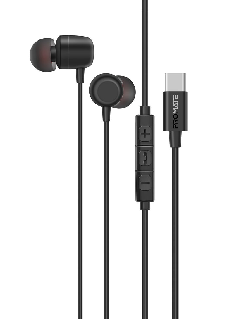 Promate High-Fidelity USB-C Earphones with ENC Mic, Inline Controls, Durable Metal Housing for Crystal-Clear Calls, 1.2m TPE Cable and Universal Compatibility, Silken-ENC Black Black - Image 1