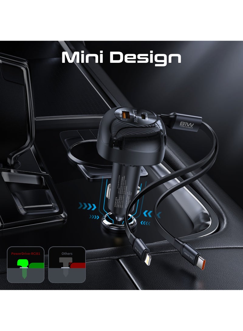 بروميت Car Charger With 81W Total Output, Super-Fast PD36W USB-C Port, Ultra-Fast Retractable 45W PD USB-C Cable, 27W Lightning Retractable Cable, 18W QC 3.0 Port, Charge Protection, PowerDrive-RCi81 black  - Image 5