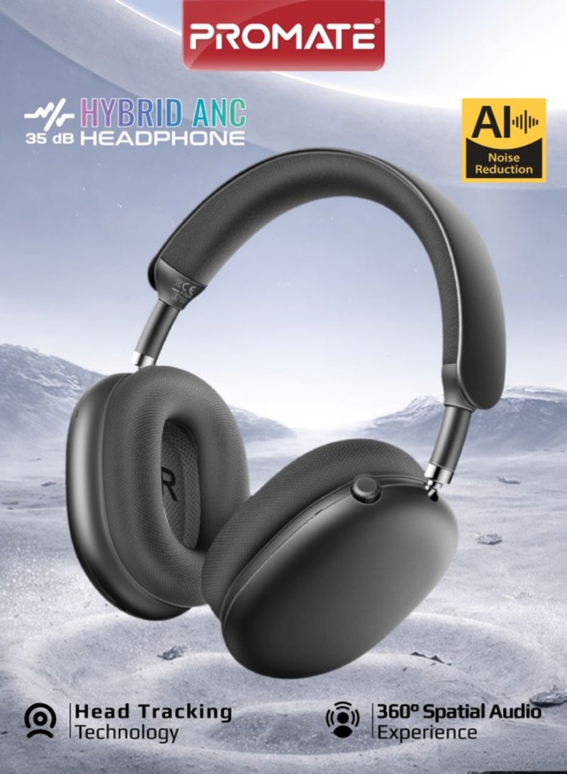 PROMATE High-Fidelity Over-Ear Wireless Headphones  With Dynamic Head Tracking, Advanced Hybrid Active Noise Cancellation, Immersive 360° Spatial Audio, 40-Hour Battery Life, Serene black - Image 1