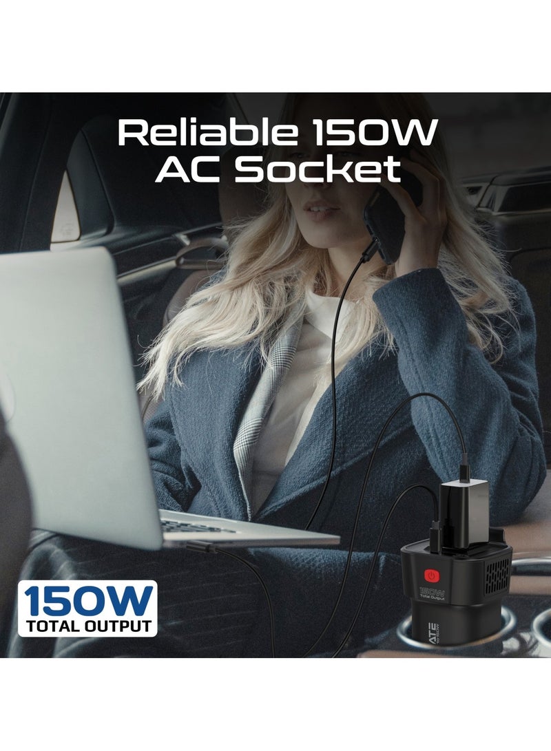 PROMATE 4-In-1 Multi-Port Dc To Ac Car Power Inverter With 150W Ac Socket, Dual Pd30W Usb-C Ports, Qc18W Usb-A Ports, Led Power Indicators, Dedicated Ac On/Off Button, Charge Protection, Inverto-150W Black  - Image 3