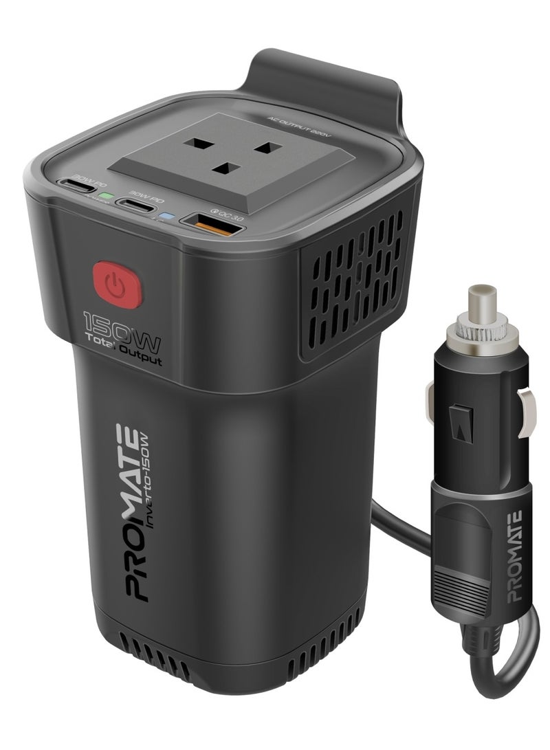 PROMATE 4-In-1 Multi-Port Dc To Ac Car Power Inverter With 150W Ac Socket, Dual Pd30W Usb-C Ports, Qc18W Usb-A Ports, Led Power Indicators, Dedicated Ac On/Off Button, Charge Protection, Inverto-150W Black  - Image 1
