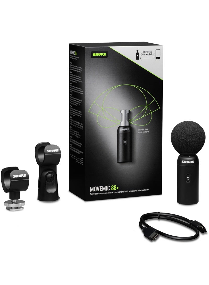 Shure MoveMic 88+ Wireless Microphone - Professional Audio Recorder for Film/Field Recording Interviews, Stereo Mic 4 Polar Patterns | Compatible with iOS/Android via Motiv App MV88+W-Z6 black  - Image 1