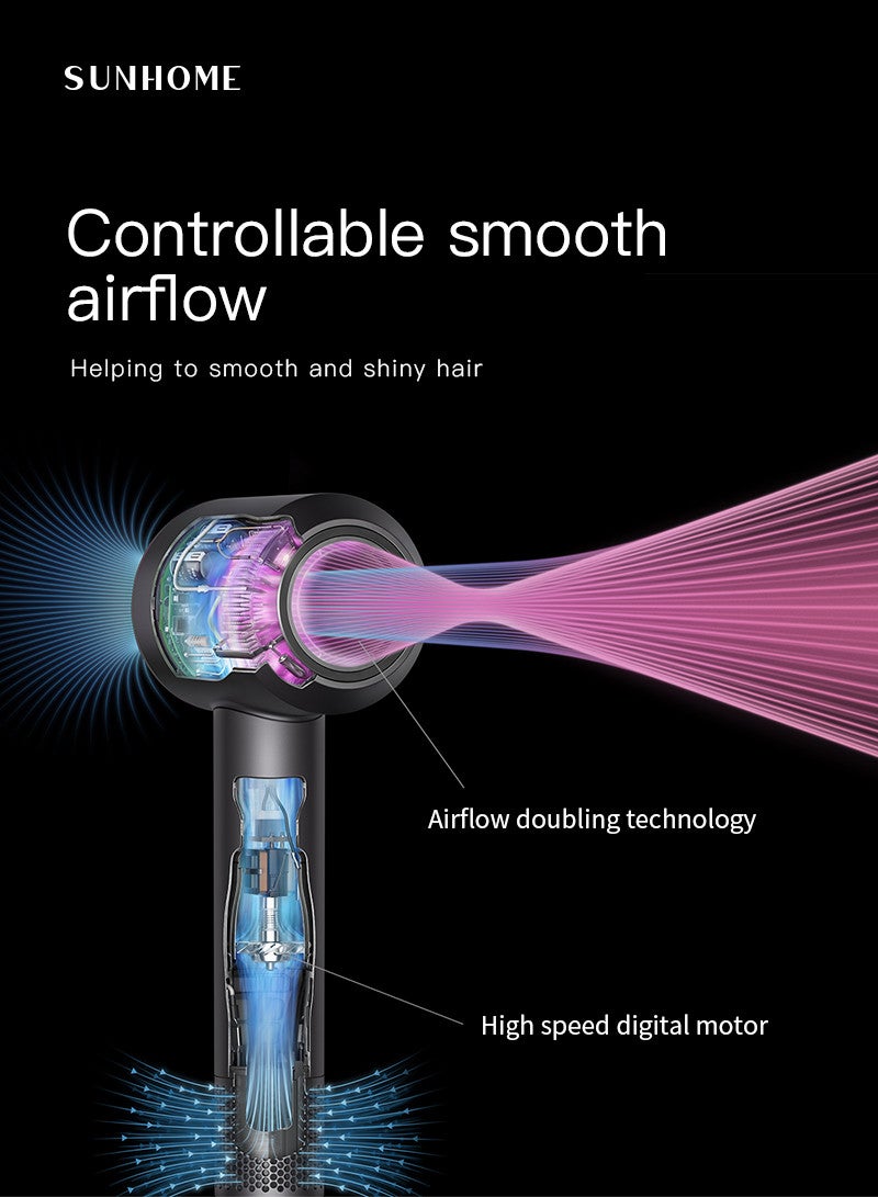 صن هوم مجفف شعر سوبر سونيك مع موزع مجفف شعر أيون سالب 110,000 دورة في الدقيقة محرك بدون فرش 3 إعدادات حرارة، مجفف شعر احترافي سريع التجفيف مع 5 ملحقات - Image 4