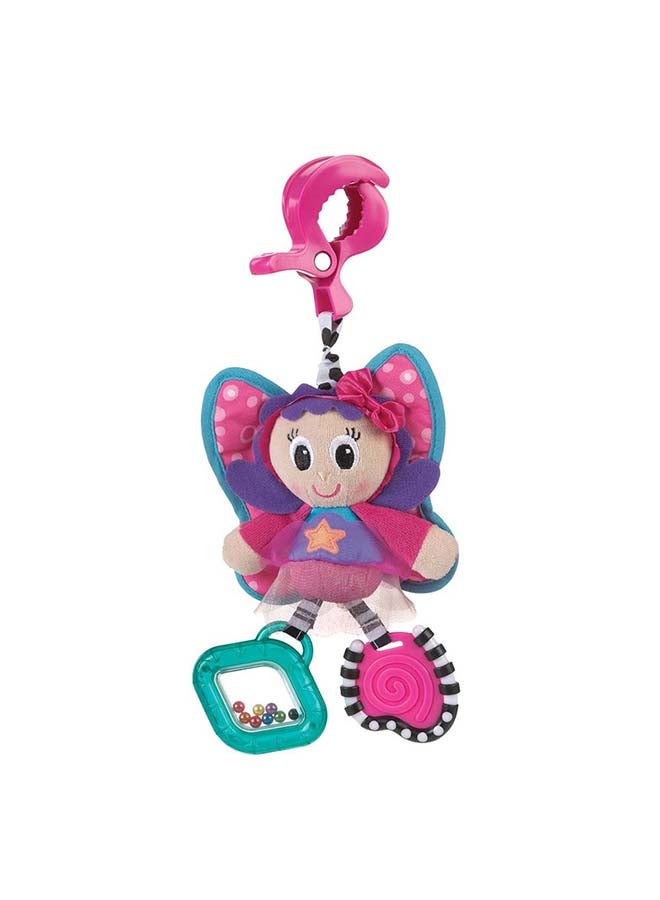 بلاي غرو لعبة عربة الأطفال فاي ري دنجلي دانغلي فلوص للتحفيز الحسي، المهارات الحركية الدقيقة، عضاضة للأطفال، جرس ولعبة قماشية، للأعمار من 0 شهرًا فما فوق، وردي/أزرق - Image 3