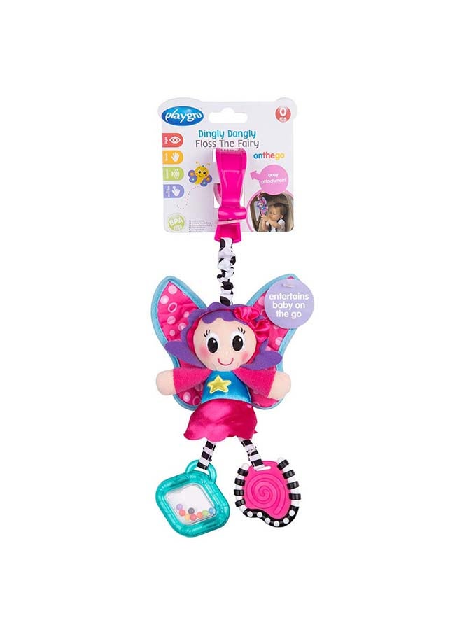 بلاي غرو لعبة عربة الأطفال فاي ري دنجلي دانغلي فلوص للتحفيز الحسي، المهارات الحركية الدقيقة، عضاضة للأطفال، جرس ولعبة قماشية، للأعمار من 0 شهرًا فما فوق، وردي/أزرق - Image 2