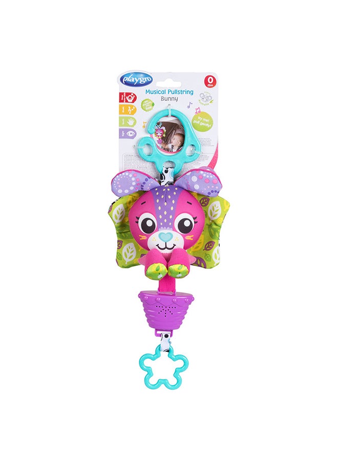 playgro Musical Pullstring Bunny Toy for Babies, Infant Stroller & Cot Companion - Soothing Melodies, Plush, Woven, & Hard Textures, Teaches STEM Educational Principles, Clip Attachments, Multicolor  - Image 1