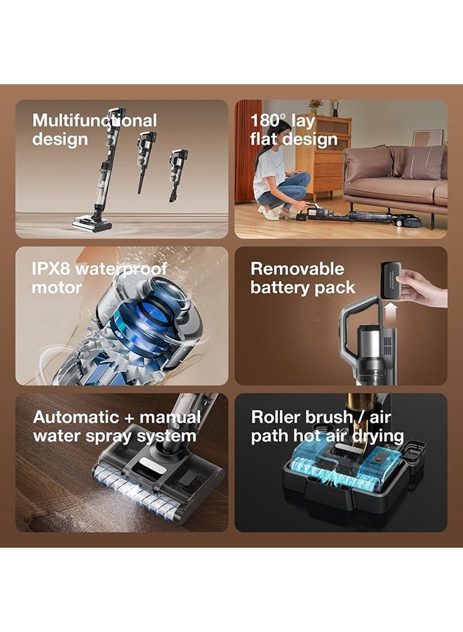 جيمي Wet And Dry Vacuum Cleaner, 400 W 20 kPa Suction Power, Wireless Vacuum Cleaner with Hot Air Drying, Dust Sensor, Self-Cleaning, Automatic and Manual Water Spraying, LED Screen 600 ml 400 W PW11 Black/Silver  - Image 2