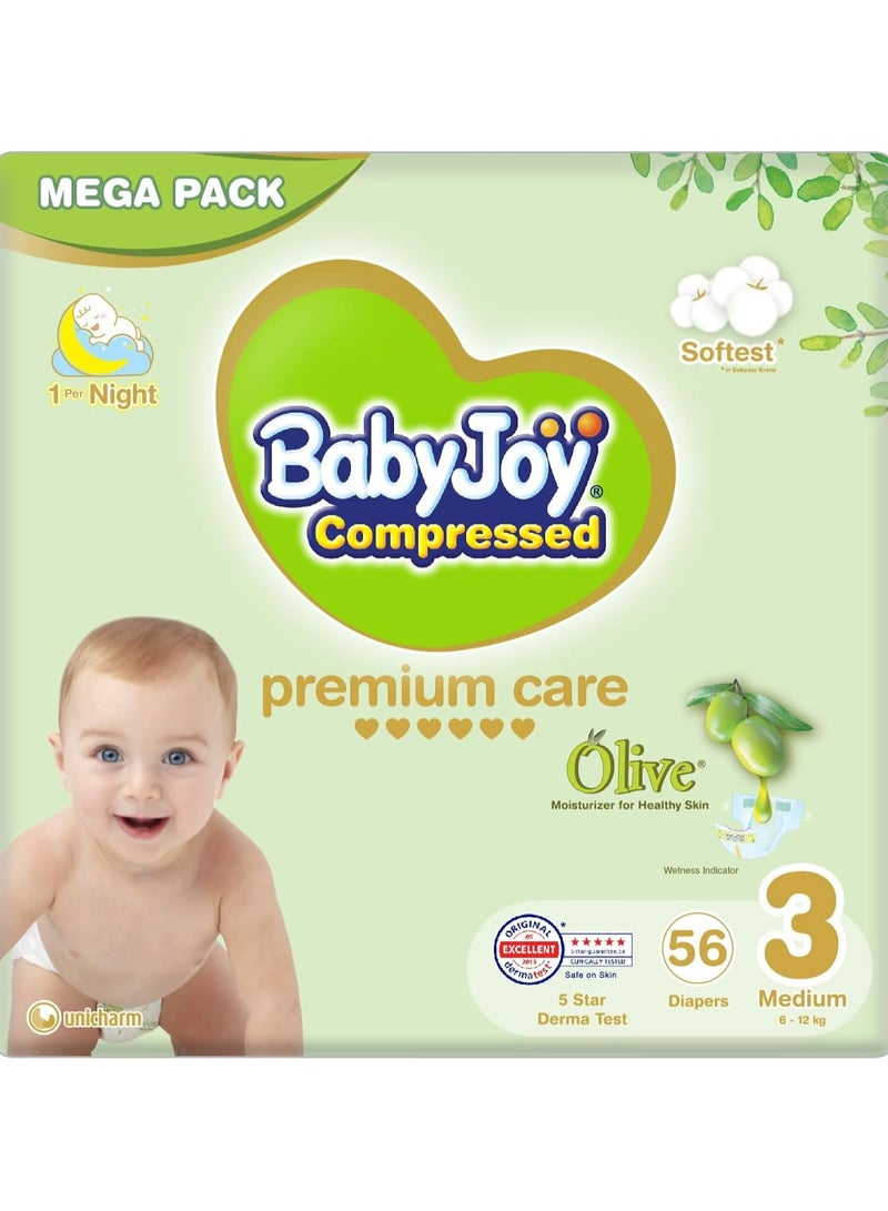 BabyJoy BabyJoy Olive, Size 3, Medium, 6-12 Kg, Mega Pack, 56 Diapers