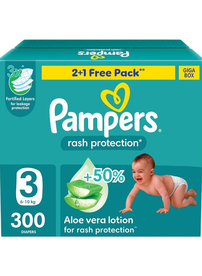 بامبرز حفاضات بامبرز لحماية الطفح الجلدي، الحجم 3، 6-10 كجم، +50% لوشن الألوة فيرا لحماية الطفح، 3 طبقات معززة لحماية من التسرب، صندوق جيجا، 300 قطعة