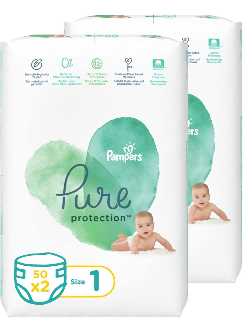 Pampers Pampers Pure Protection Diapers, Size 1, 2-5kg, Pack of 2 x 50 Diapers 