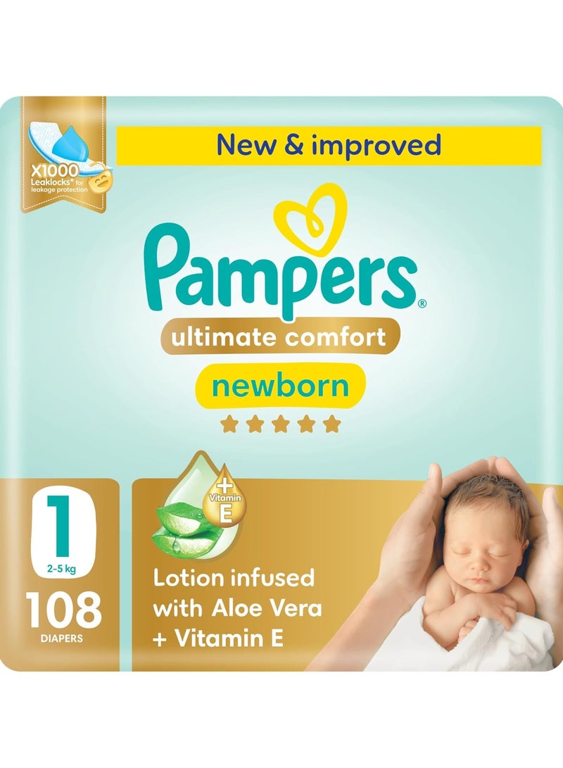 بامبرز حفاضات بامبرز راحة قصوى مع لاصق، الحجم 1، 2-5 كجم، مع لوشن مضاف إليه الألوة فيرا وفيتامين E، x1000 تقنية قفل التسرب لحماية من التسرب، عبوة عملاقة، 108 قطعة