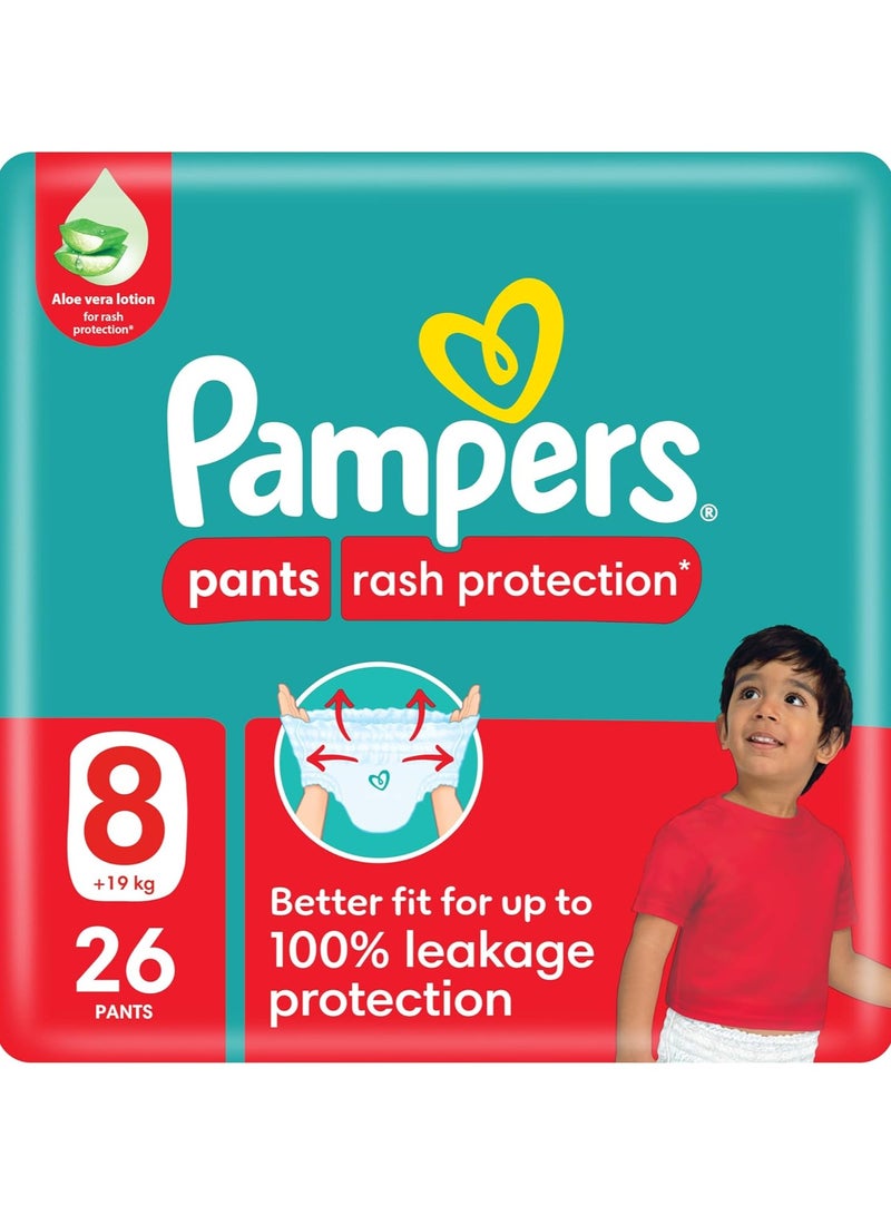 بامبرز حفاضات بامبرز لحماية الطفح الجلدي، الحجم 8، 19+ كجم، مع الألوة فيرا، تصميم خالي من التسرب 360° لحماية تصل إلى 100% من التسرب، عبوة قيمة، 26 قطعة