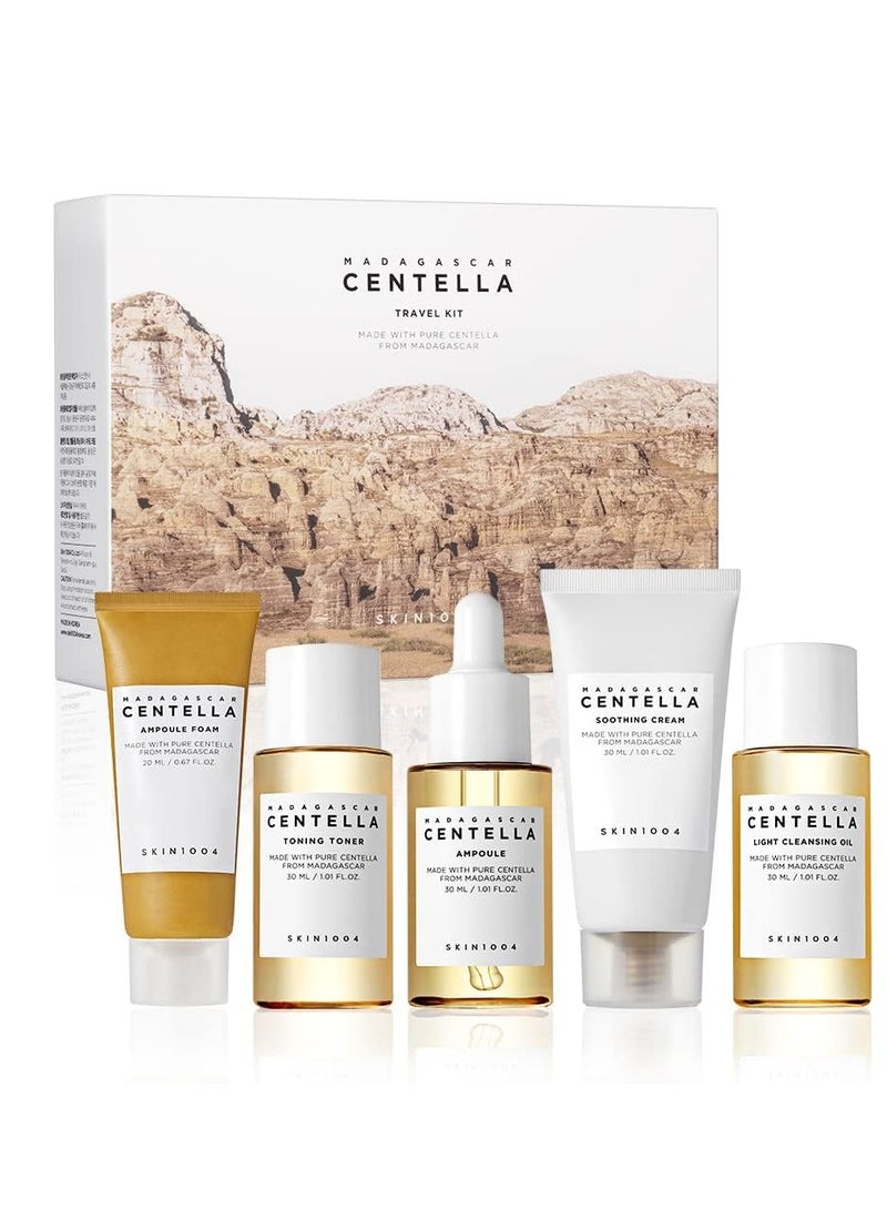 skin1004 Madagascar Centella Travel Kit, Toner, Ampoule, Soothing Cream, Cleansing Oil, Ampoule Foam, Basic Skincare Box, Compact Size, Soothing Calming  - Image 1