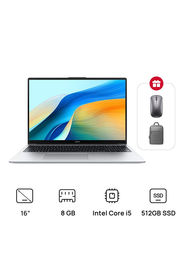 HUAWEI MateBook D 16 Laptop with 16 Inch Full HD(1920X1080) Display, Core i5-12450H Processor/8GB RAM DDR5/512GB SSD/Intel UHD Graphics/DOS(Without Windows)+Free Backpack and Mouse English/Arabic Silver  - Image 1