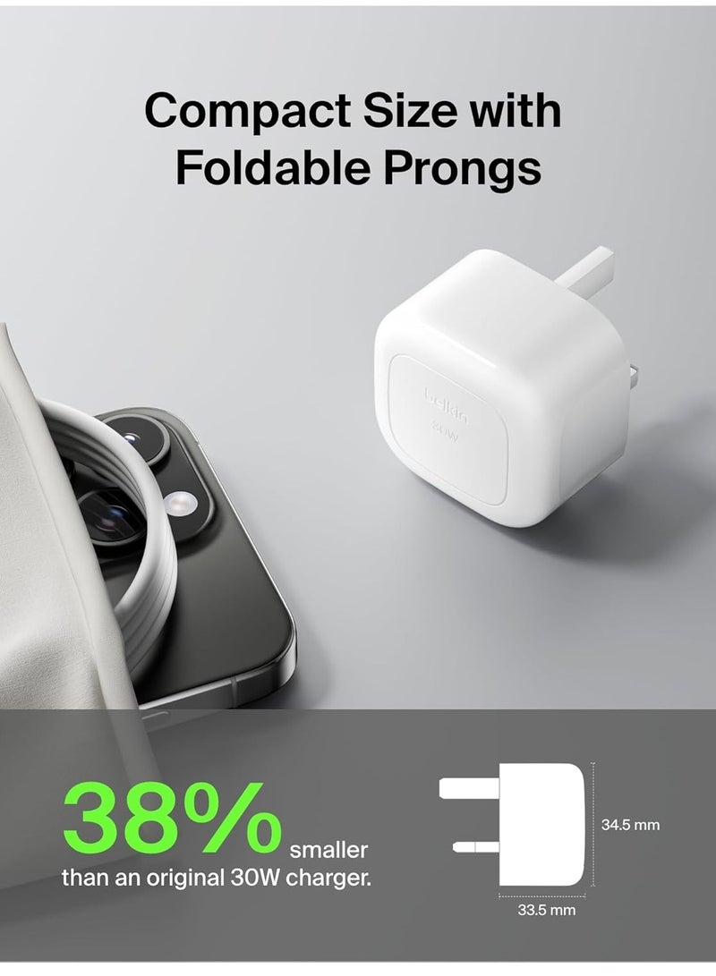 belkin BoostCharge Compact Wall Charger 30W, Travel-friendly USB-C Power Delivery Fast Charging for Apple iPhone Series 15, 14, 13, Samsung Galaxy S24, S23, iPad, AirPods, Tablet And More - White - Image 2