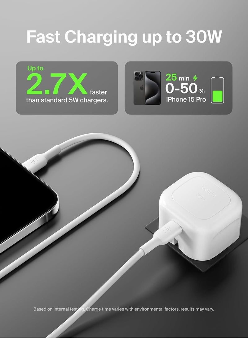 belkin BoostCharge Compact Wall Charger 30W, Travel-friendly USB-C Power Delivery Fast Charging for Apple iPhone Series 15, 14, 13, Samsung Galaxy S24, S23, iPad, AirPods, Tablet And More - White - Image 3