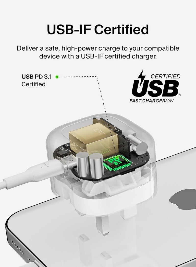 belkin BoostCharge Compact Wall Charger 30W, Travel-friendly USB-C Power Delivery Fast Charging for Apple iPhone Series 15, 14, 13, Samsung Galaxy S24, S23, iPad, AirPods, Tablet And More - White - Image 5
