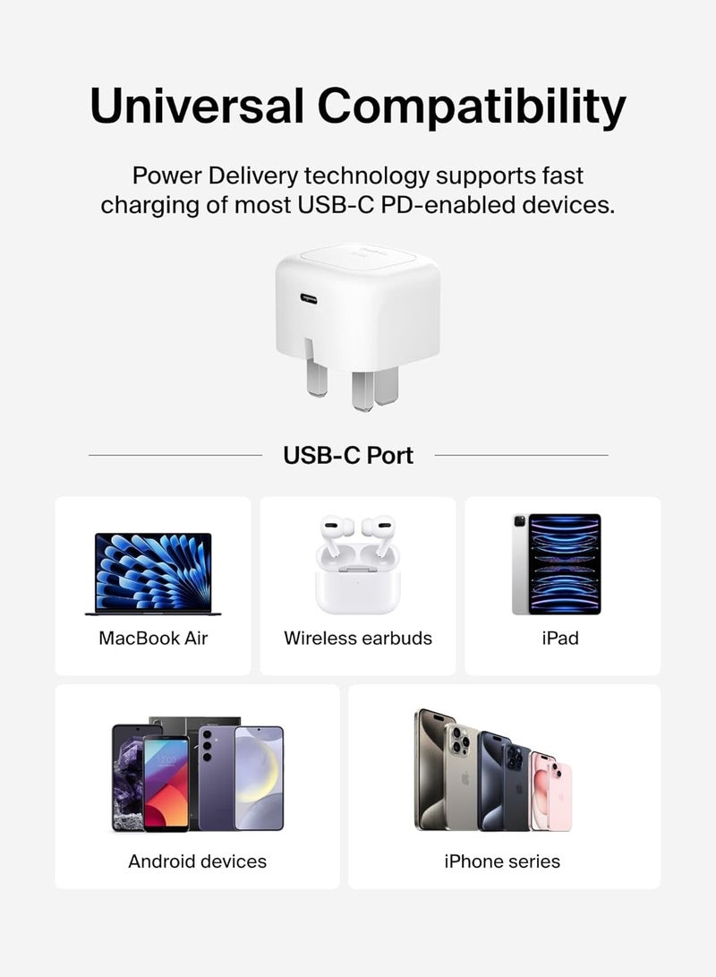 belkin BoostCharge Compact Wall Charger 30W, Travel-friendly USB-C Power Delivery Fast Charging for Apple iPhone Series 15, 14, 13, Samsung Galaxy S24, S23, iPad, AirPods, Tablet And More - White - Image 4