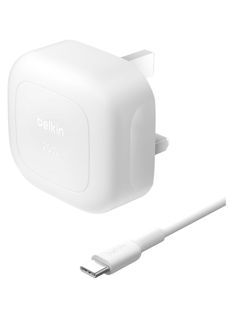 belkin BoostCharge 20W Cubic Wall Charger, USB-C Power Delivery Fast Charging for Apple iPhone 16, Samsung Galaxy S25, iPad, AirPods And More with USB-C to USB-C Cable included - White - Image 1