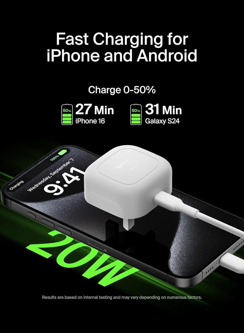 belkin BoostCharge 20W Cubic Wall Charger, USB-C Power Delivery Fast Charging for Apple iPhone 16, Samsung Galaxy S25, iPad, AirPods And More with USB-C to USB-C Cable included - White - Image 2