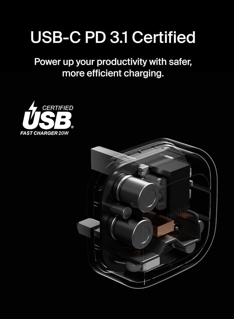 belkin BoostCharge 20W Cubic Wall Charger, USB-C Power Delivery Fast Charging for Apple iPhone 16, Samsung Galaxy S25, iPad, AirPods And More with USB-C to USB-C Cable included - White - Image 5