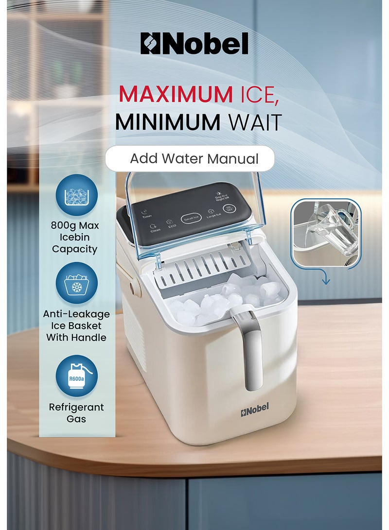 Nobel Ice Maker – 12kg Daily Output, 1.5L Water Tank, Touch Control, 3 Ice Sizes, Smart Indicator 1.5 L 110 W NIM21C White  - Image 2