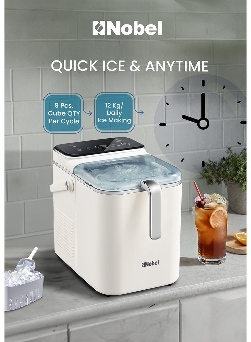 Nobel Ice Maker – 12kg Daily Output, 1.5L Water Tank, Touch Control, 3 Ice Sizes, Smart Indicator 1.5 L 110 W NIM21C White  - Image 3