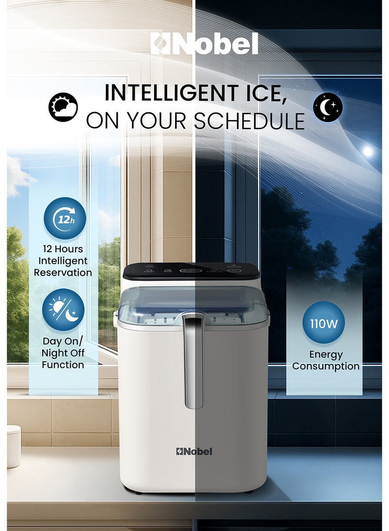 Nobel Ice Maker – 12kg Daily Output, 1.5L Water Tank, Touch Control, 3 Ice Sizes, Smart Indicator 1.5 L 110 W NIM21C White  - Image 5