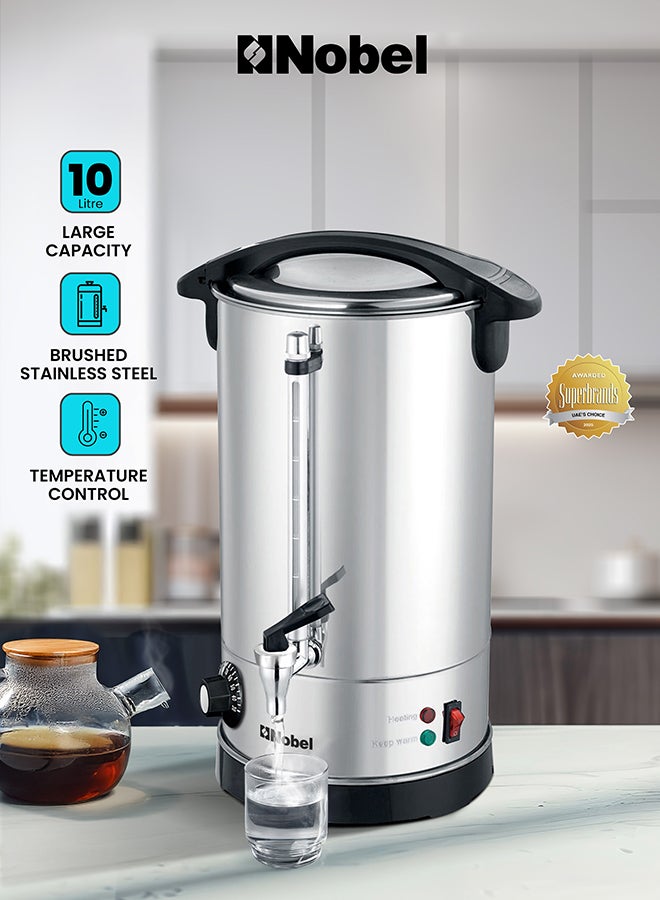 نوبل 10L Water Boiler – Stainless Steel Double Wall, Safety Lock Lid, Non-Drip Faucet, Keep Warm Function NWB1000 Silver - Image 1