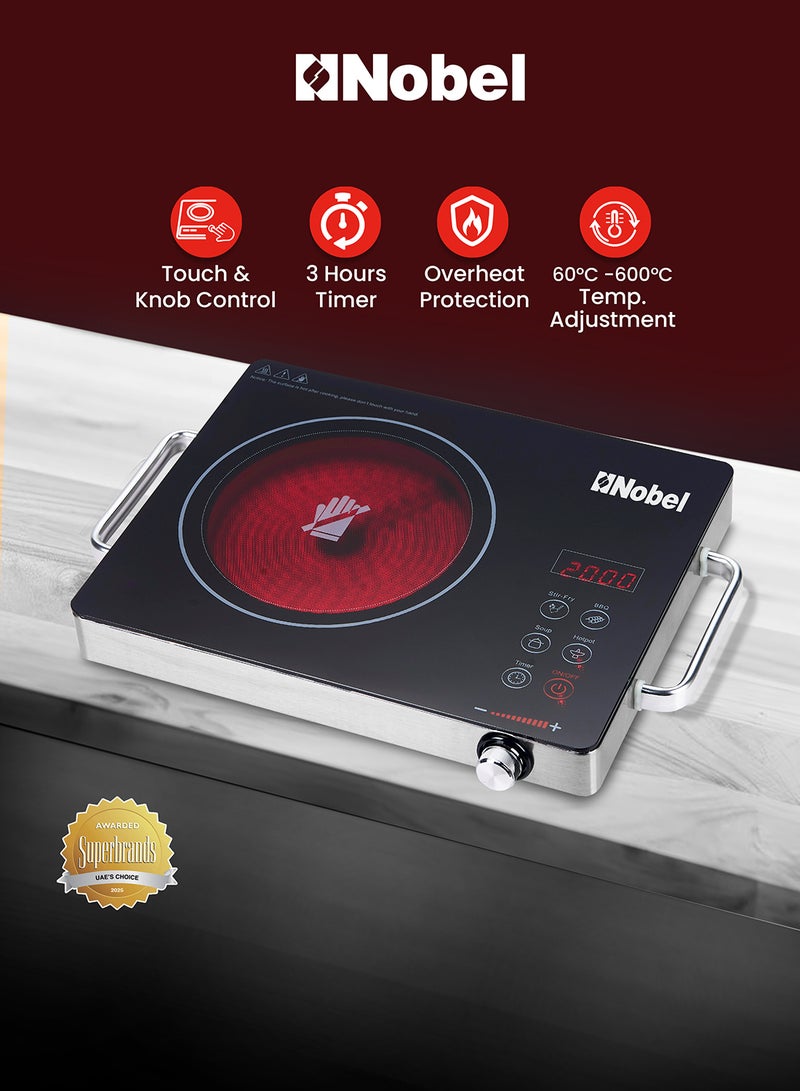 Nobel Infrared Cooker – Single Ring, Touch & Knob Control, Crystal Glass Panel, Residual Heat Indicator, Stainless Steel Body NIC10I Black  - Image 1