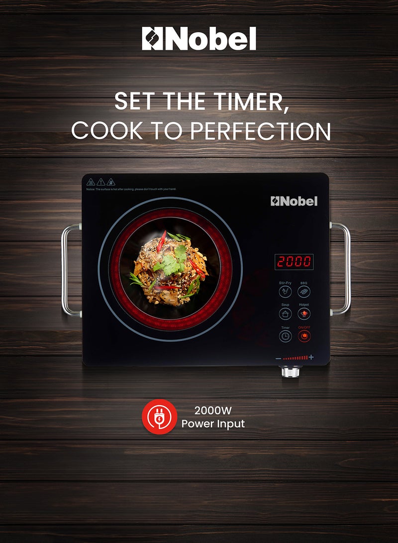Nobel Infrared Cooker – Single Ring, Touch & Knob Control, Crystal Glass Panel, Residual Heat Indicator, Stainless Steel Body NIC10I Black  - Image 3