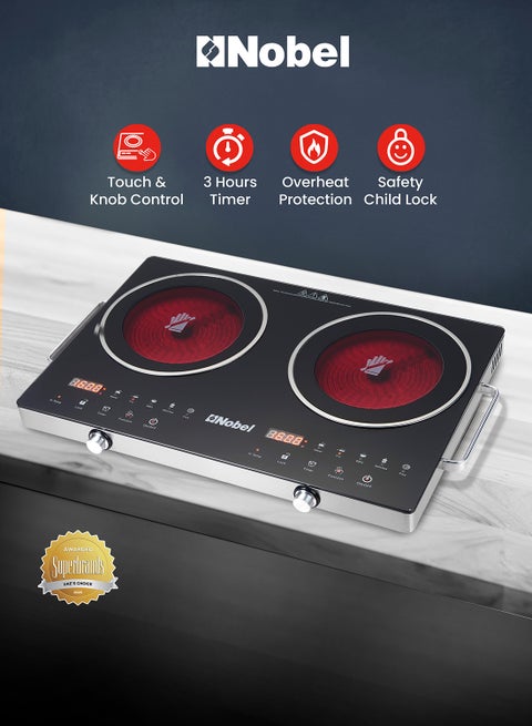 Double Ring Infrared Cooker, Touch & Knob Control, Tempered Glass Panel, Residual Heat Indicator, Stainless Steel Body NIC20I Black