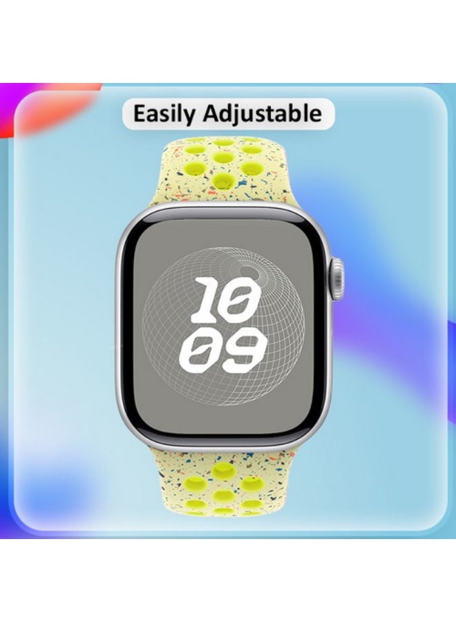 MARGOUN Silicone Sport Strap for Watch Band 38mm, 40mm, 41mm, 42mm (Series 10) Replacement Band with Colorful Particles for iWatch Series Ultra 2/Ultra 10 9 8 7 SE 6 5 4 3 2 1 - Olive Green with Yellow Holes  - Image 4