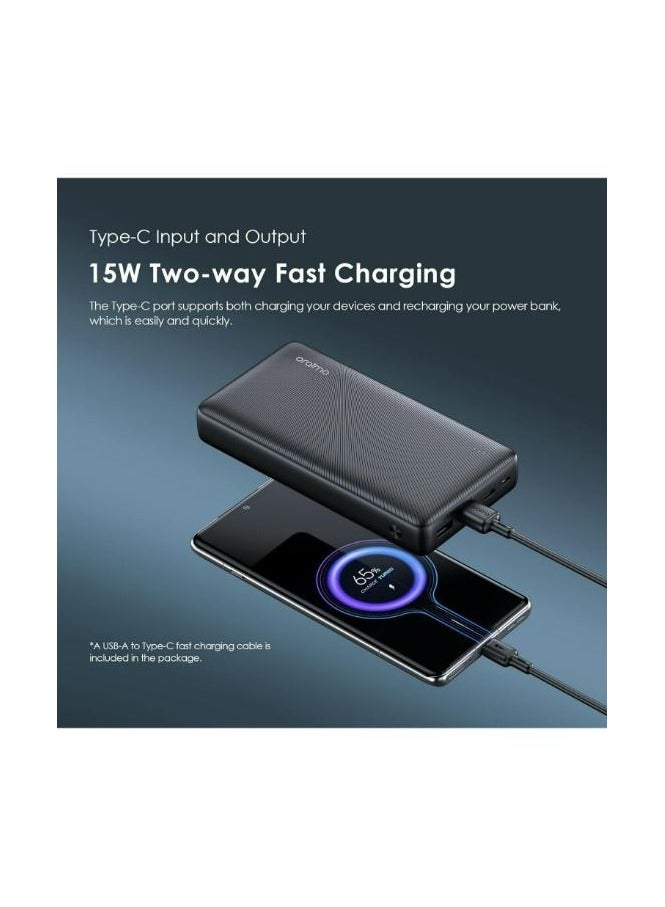 20000 mAh Oraimo Traveler 15 Flash 20000mAh Power Bank with 15W Fast Charging,Type-C & USBs Triple Output, Multi-Layer Protection with 3D Texture Exterior black