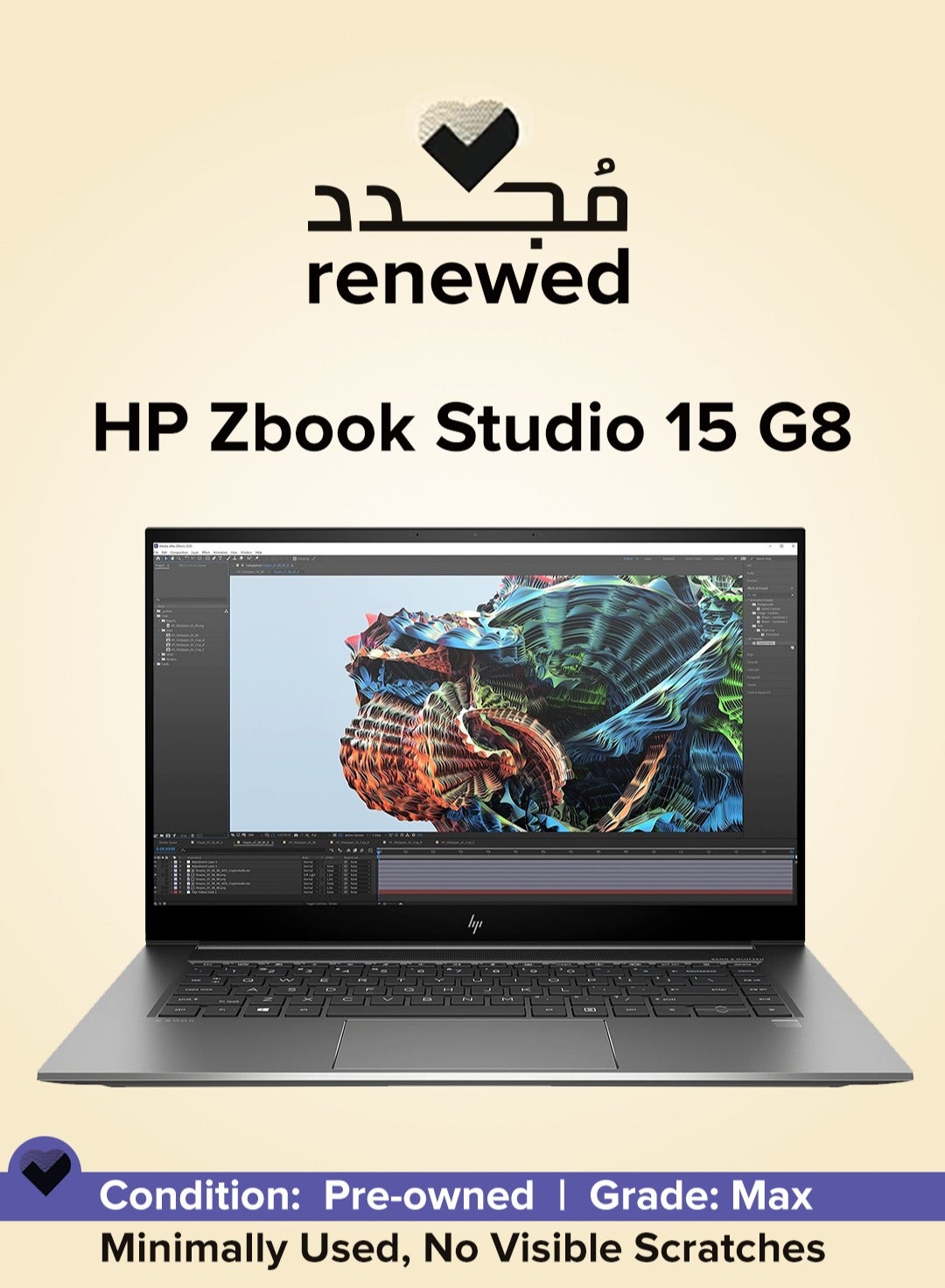 RENEWED - HP ZBOOK Studio 15 G8 - CPU Intel® Core™ i9-11950H Processor - RAM 32 GB DDR4 - HARD 512 GB SSD M.2 NV Me - VGA NVIDIA RTX A2000 4 GB - DISPLAY 15.6'' INCH LED IPS 4K TOUCH SCREEN - SILVER English/Arabic silver