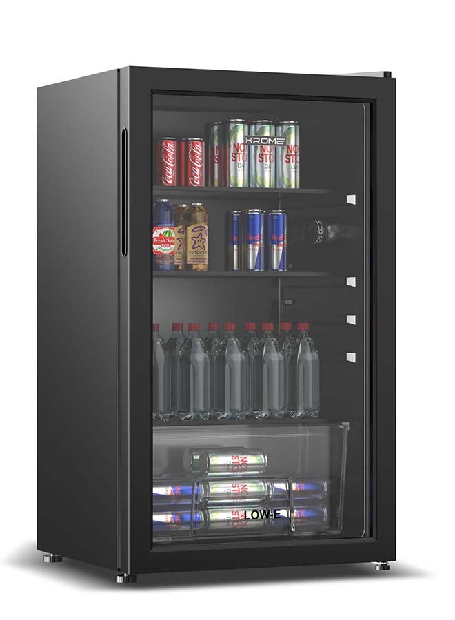 كروم ثلاجة مشروبات 120 لتر، قائمة بذاتها، باب واحد، 2 رف زجاجي، درج خضار، ضوء LED أزرق، مقبض مدمج، تحكم يدوي في درجة الحرارة، صديق للبيئة R600a - Image 1