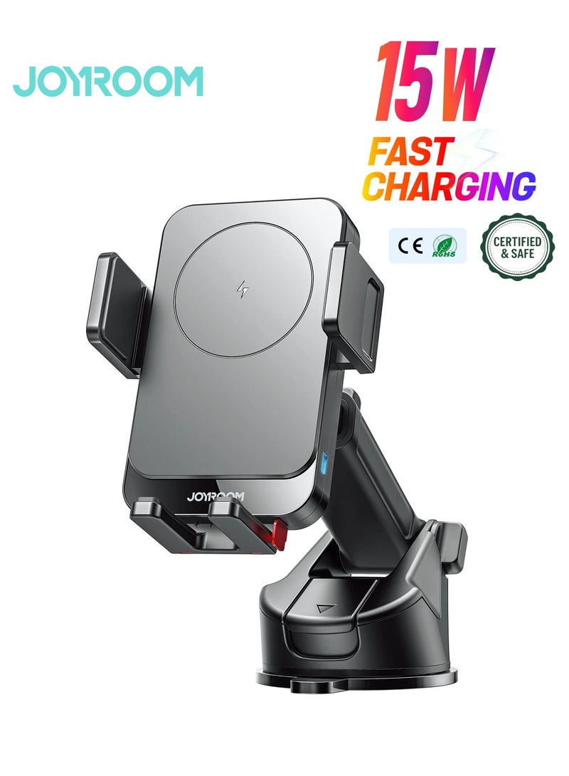 جوي روم حامل سيارة للشحن السريع اللاسلكي 15 واط مع قفل تلقائي وإفراج بلمسة واحدة - حامل هاتف على لوحة القيادة مع قبضة قوية على الطرق الوعرة والفرامل القاسية، متوافق مع MagSafe و Qi لأجهزة iPhone 16 15 14 13 12 وأجهزة Samsung - معتمد للسلامة - Image 1