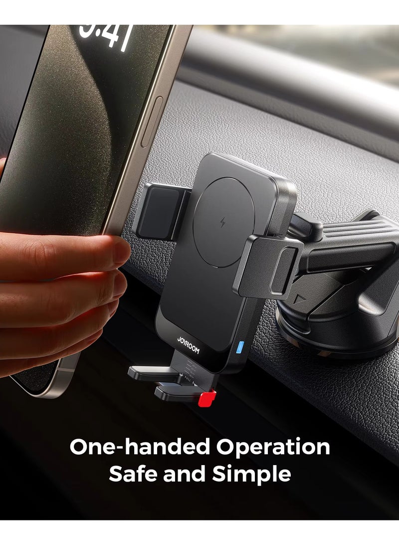 جوي روم حامل سيارة للشحن السريع اللاسلكي 15 واط مع قفل تلقائي وإفراج بلمسة واحدة - حامل هاتف على لوحة القيادة مع قبضة قوية على الطرق الوعرة والفرامل القاسية، متوافق مع MagSafe و Qi لأجهزة iPhone 16 15 14 13 12 وأجهزة Samsung - معتمد للسلامة - Image 4