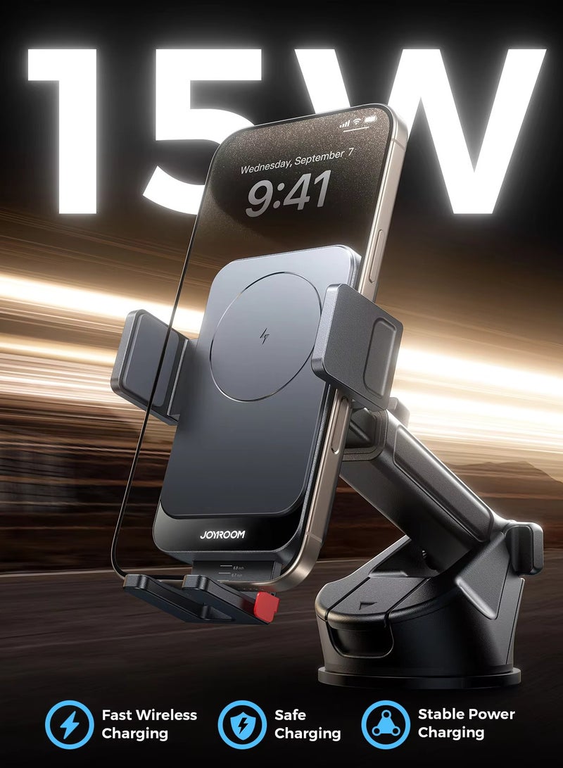 جوي روم حامل سيارة للشحن السريع اللاسلكي 15 واط مع قفل تلقائي وإفراج بلمسة واحدة - حامل هاتف على لوحة القيادة مع قبضة قوية على الطرق الوعرة والفرامل القاسية، متوافق مع MagSafe و Qi لأجهزة iPhone 16 15 14 13 12 وأجهزة Samsung - معتمد للسلامة - Image 2
