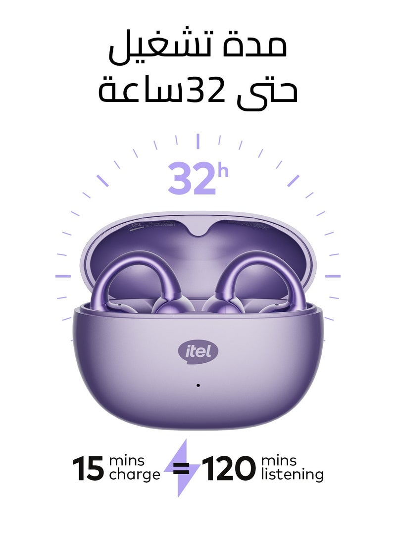 ITEL Open-Ear Listening,Wireless Earphones, BudsFit 5  Earbuds, Bluetooth 5.4 ,IP54 Waterproof, Long Battery Life, iOS And Android  - Starry Purple  - Image 2