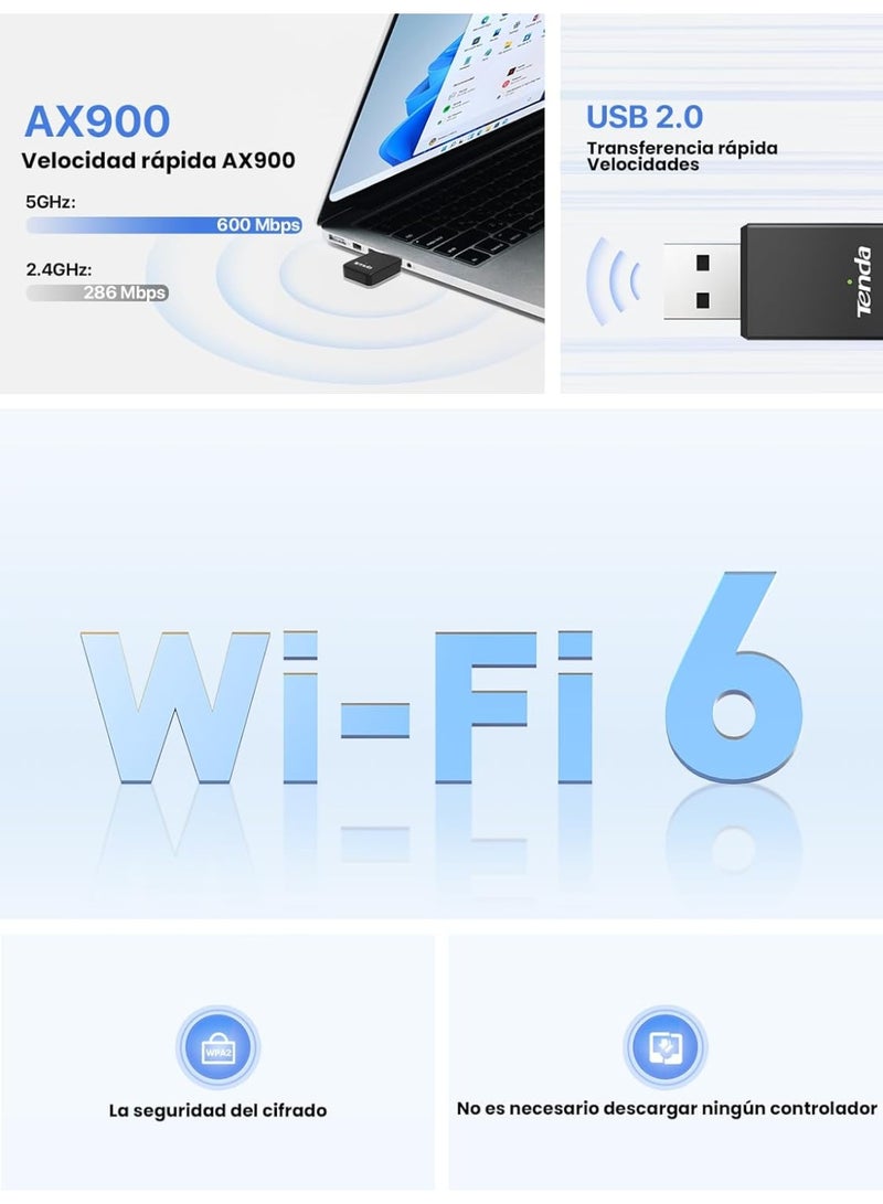 Tenda AX900 Wifi 6 Dongle Wi-FI, Dual Band WiFi USB Adapter for PC/Desktop/Laptop, Mini Size USB2.0, Soft Mode AP, Compatible with Windows 7/10/11/Linux(3.10-6.8) - Black - Image 2