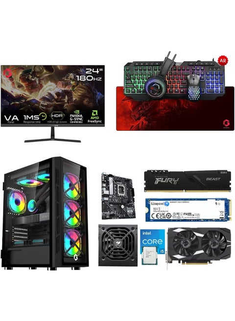 Gaming PC  with Intel i5 12400F Processor/16GB RAM DDR5/ 1TB SSD/Nvidia GeForce RTX 3050 Graphics+24 Inch Monitor 180Hz Display+RGB Keyboard+Mouse+Headset+ Mousepad Black