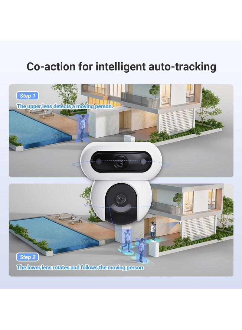 HB90+8W Solar Panel 4MP+4MP 360 Wireless Wifi Surveillance Camera on 10400mAh Motorized Dual Lens Battery, Always-on Mode, Person/Vehicle Detection, Auto Tracking