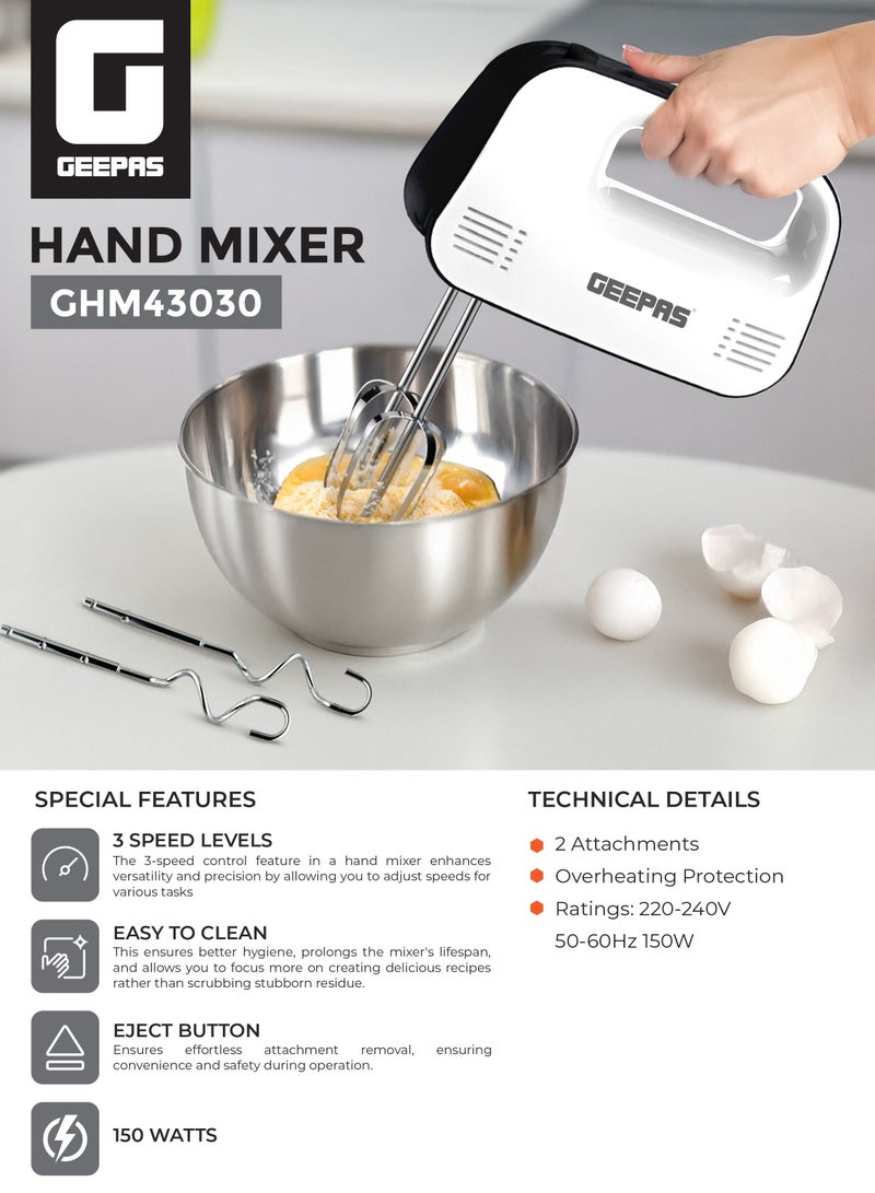 Hand Mixer- GHM43030/ 150 W, 3 Speed Control, Eject Button and Overheat Protection/ Perfect for Kneading Dough, Mixing Batter, Whisking Eggs, etc./ Includes 2 Attachments, Hooks and Beater/ Black and White, 2 Years Warranty 150 W GHM43030 white