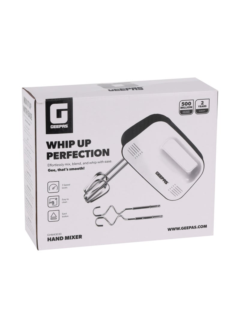 Hand Mixer- GHM43030/ 150 W, 3 Speed Control, Eject Button and Overheat Protection/ Perfect for Kneading Dough, Mixing Batter, Whisking Eggs, etc./ Includes 2 Attachments, Hooks and Beater/ Black and White, 2 Years Warranty 150 W GHM43030 white