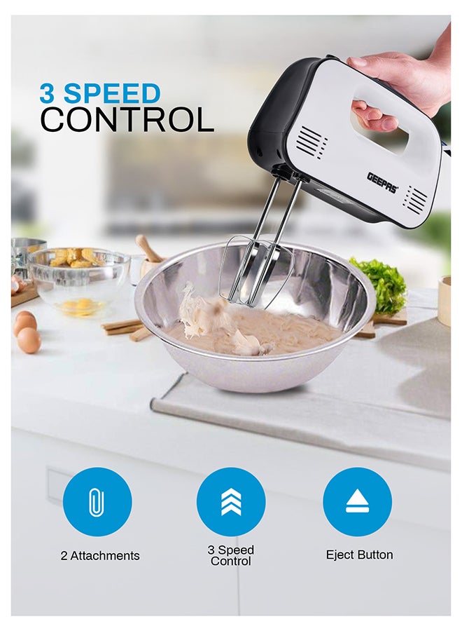 GEEPAS Hand Mixer- GHM43030/ 150 W, 3 Speed Control, Eject Button and Overheat Protection/ Perfect for Kneading Dough, Mixing Batter, Whisking Eggs, etc./ Includes 2 Attachments, Hooks and Beater/ Black and White, 2 Years Warranty 150 W GHM43030 white - Image 2