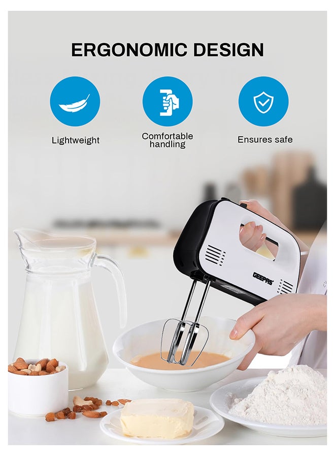 GEEPAS Hand Mixer- GHM43030/ 150 W, 3 Speed Control, Eject Button and Overheat Protection/ Perfect for Kneading Dough, Mixing Batter, Whisking Eggs, etc./ Includes 2 Attachments, Hooks and Beater/ Black and White, 2 Years Warranty 150 W GHM43030 white - Image 5